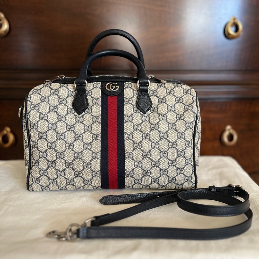 GUCCI Ophidia GG Medium Top Handle Bag- Navy Blue